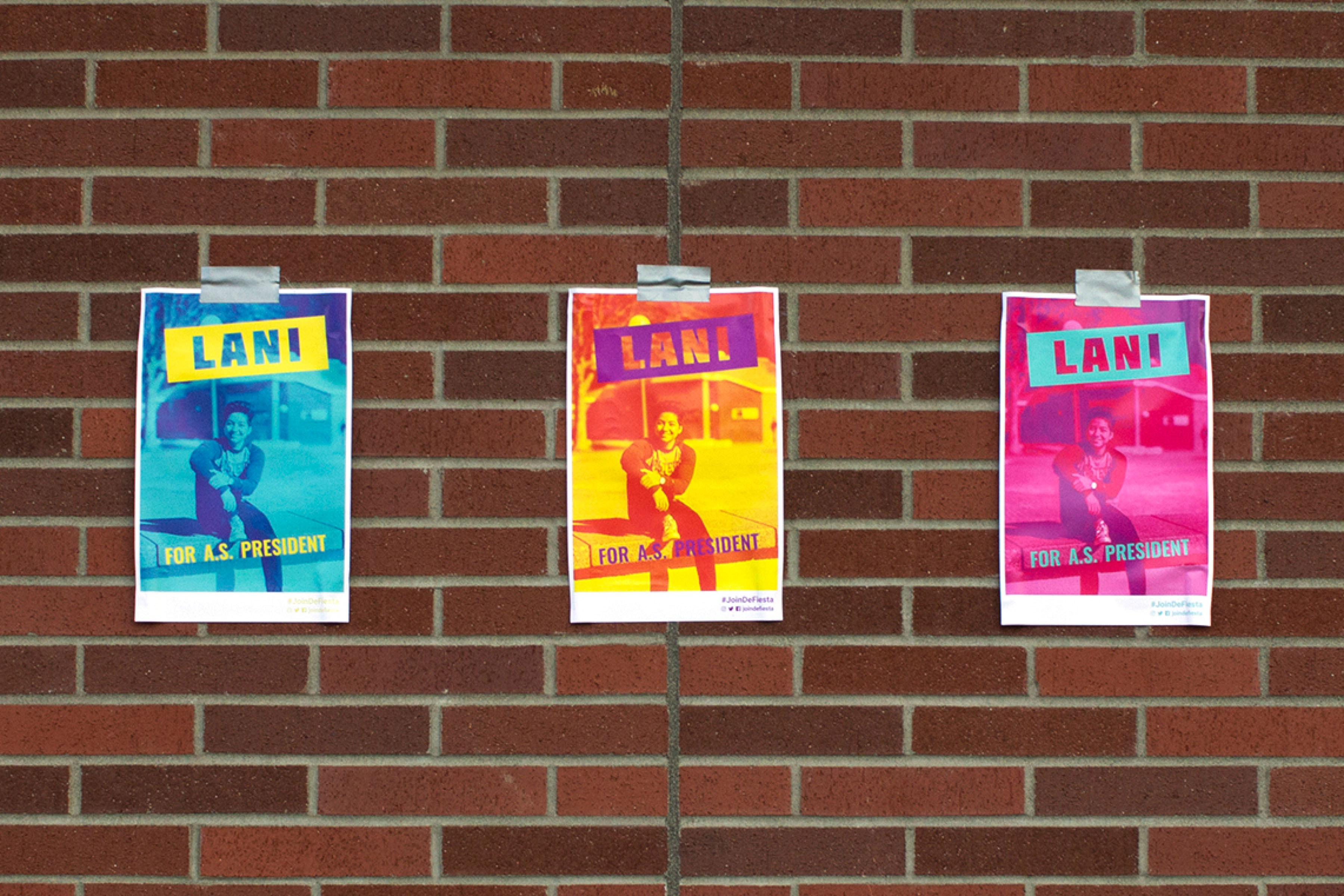 Tryptich of Lani campaign posters photographed on a brick wall.